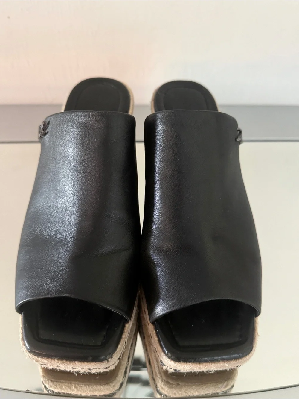 KARL LAGERFELD Corissa Black Leather Espadrille Platform Wedge Sandals 8.5 Women